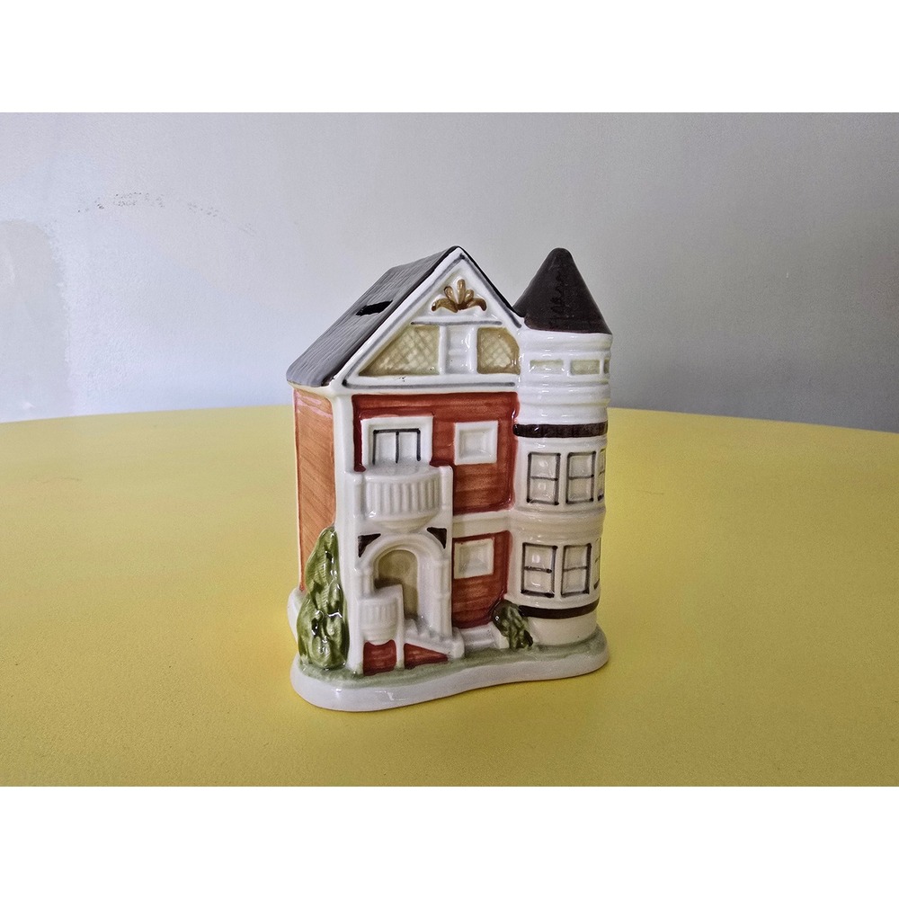 Vintage Otagiri Hand Crafted Ceramic Victorian House Coin Bank Japan